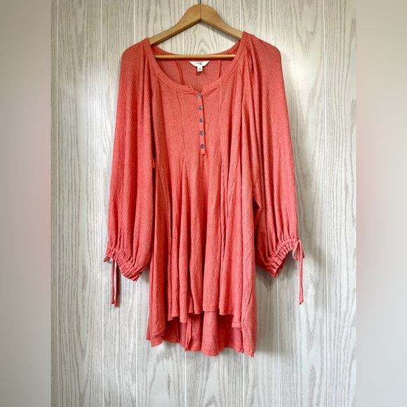 Terra & Sky Plus Size Ribbed Babydoll Henley Top Size 0x Orange Saffron HEATHER - Picture 7 of 8
